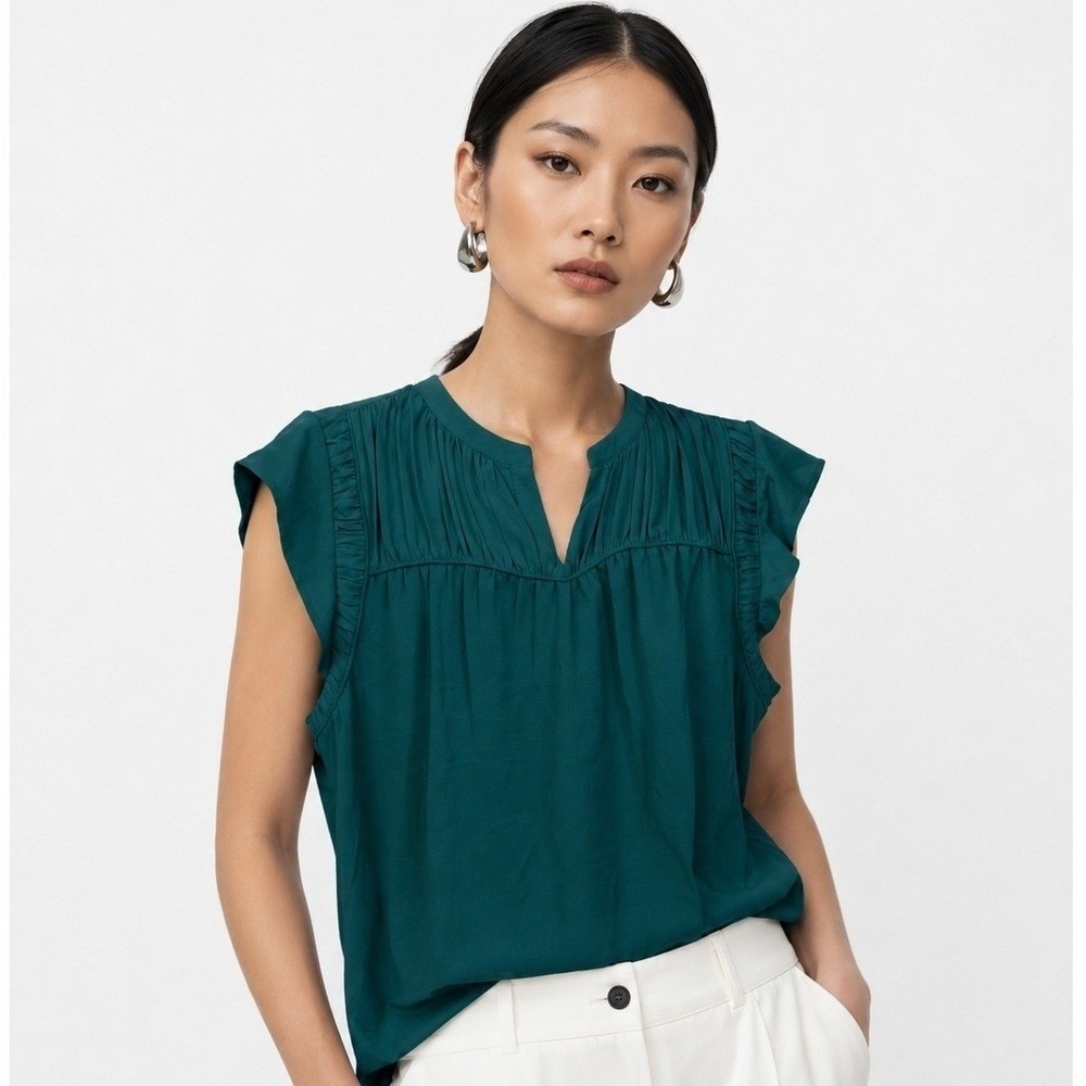 Les Serein Womens L Teal Green Pleated Yoke Ruffle Cap Sleeve Blouse NWT